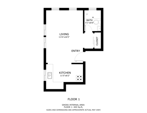 Floor plan for studio, 1 bath